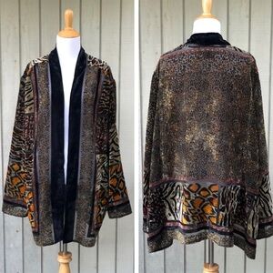Carole Little Velvet Burnt Out Mixed Animal Print Open Front Brown Cardigan OS